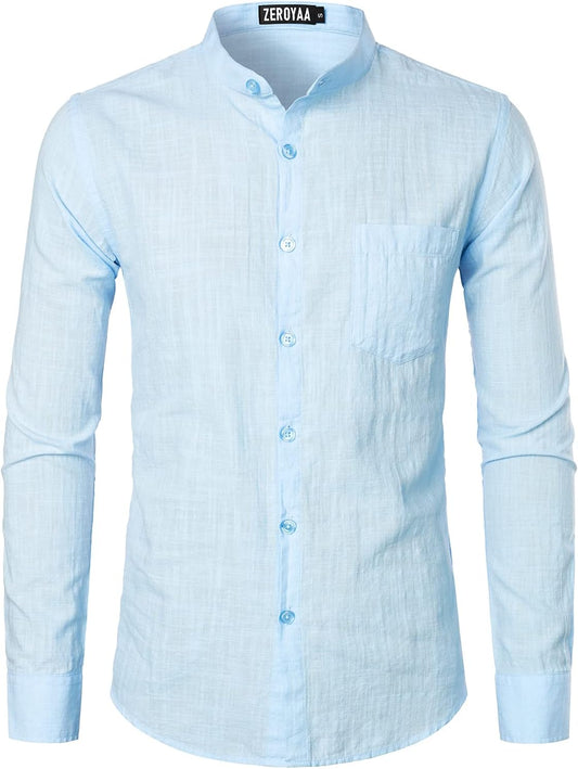 ZEROYAA Men's Fitted Cotton Linen Long Sleeve Banded Collar Button Up Shirts Lightweight Beach Tops with Pocket