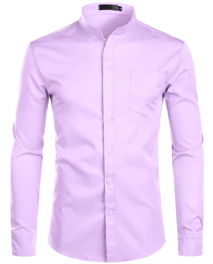 ZEROYAA Men's Banded Collar Slim Fit Long Sleeve Casual Button Down Dress Shirts with Pocket
