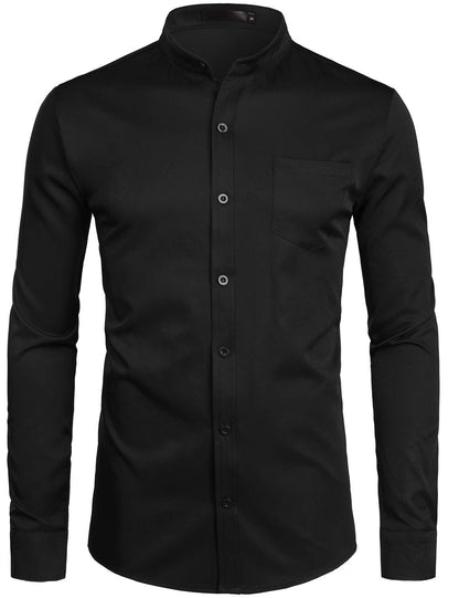 ZEROYAA Men's Banded Collar Slim Fit Long Sleeve Casual Button Down Dress Shirts with Pocket