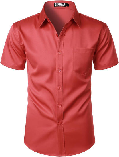 ZEROYAA Men's Casual Urban Stylish Slim Fit Short Sleeve Button Up Dress Shirt with Pocket
