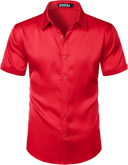 ZEROYAA Men's Hipster Shiny Silk Satin Shirt Regular Fit Short Sleeve Casual Button Down Dress Shirts for Summer Party