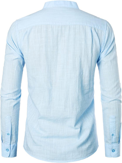 ZEROYAA Men's Fitted Cotton Linen Long Sleeve Banded Collar Button Up Shirts Lightweight Beach Tops with Pocket