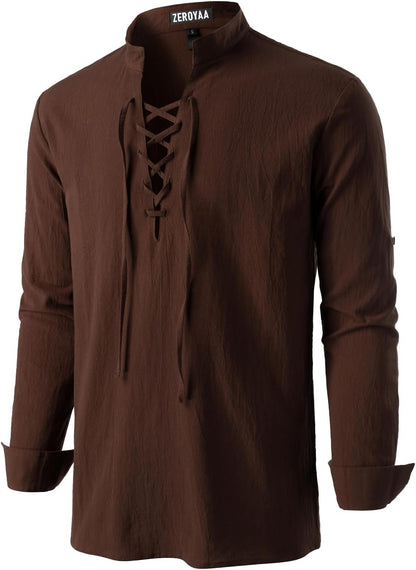ZEROYAA Men's Medieval Vintage Long Sleeve Lace Up Shirt Renaissance Costume for Halloween Viking Pirate Cosplay