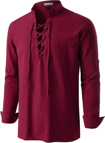 ZEROYAA Men's Medieval Vintage Long Sleeve Lace Up Shirt Renaissance Costume for Halloween Viking Pirate Cosplay
