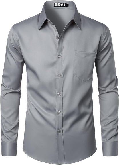 ZEROYAA Men's Urban Stylish Casual Business Slim Fit Long Sleeve Button Up Dress Shirt with Pocket