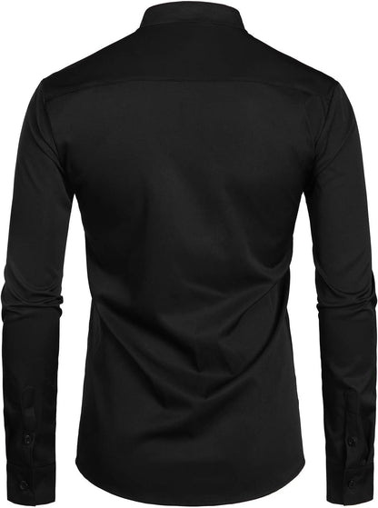 ZEROYAA Men's Banded Collar Slim Fit Long Sleeve Casual Button Down Dress Shirts with Pocket