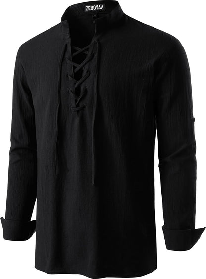 ZEROYAA Men's Medieval Vintage Long Sleeve Lace Up Shirt Renaissance Costume for Halloween Viking Pirate Cosplay