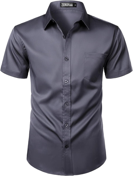 ZEROYAA Men's Casual Urban Stylish Slim Fit Short Sleeve Button Up Dress Shirt with Pocket