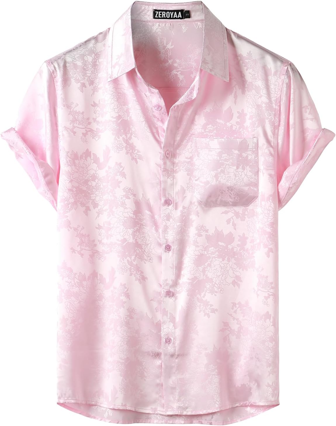 ZEROYAA Men's Shiny Luxury Silk Satin Floral Jacquard Short Sleeve Regular Fit Button Down Shirt for Party Prom