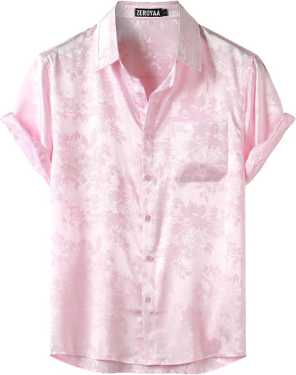 ZEROYAA Men's Shiny Luxury Silk Satin Floral Jacquard Short Sleeve Regular Fit Button Down Shirt for Party Prom