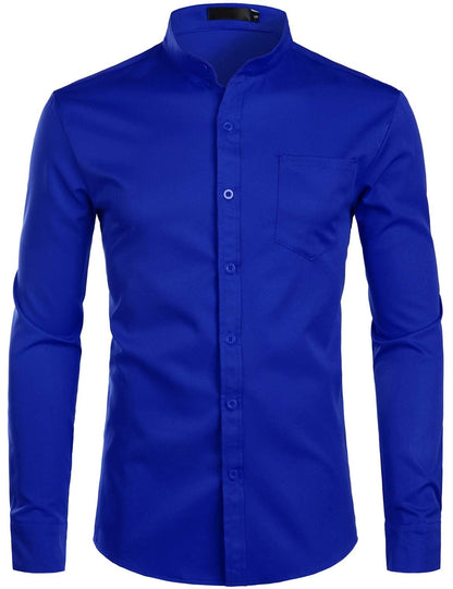 ZEROYAA Men's Banded Collar Slim Fit Long Sleeve Casual Button Down Dress Shirts with Pocket