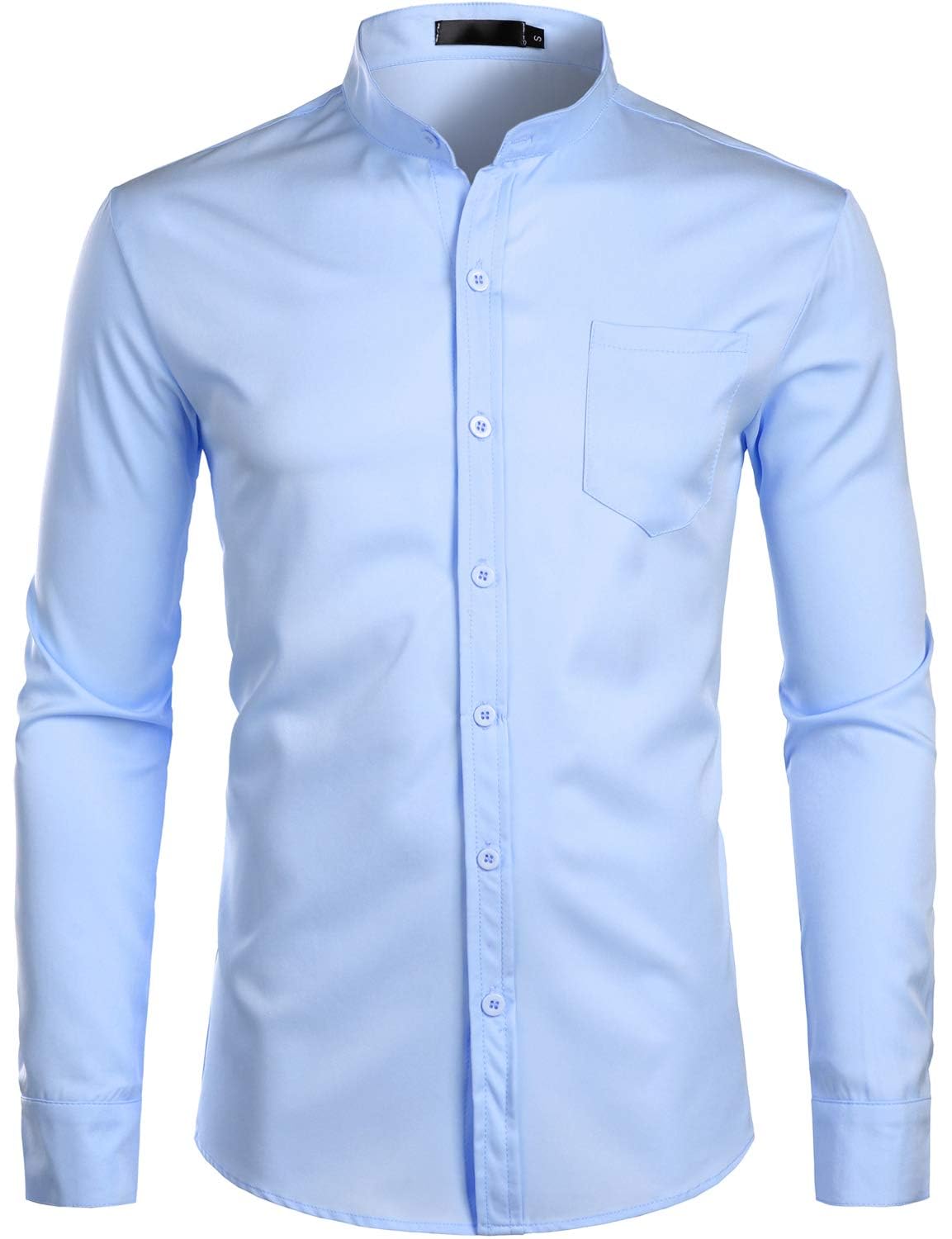 ZEROYAA Men's Banded Collar Slim Fit Long Sleeve Casual Button Down Dress Shirts with Pocket
