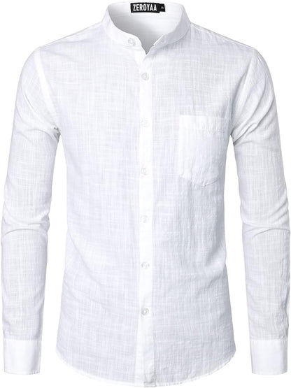 ZEROYAA Men's Fitted Cotton Linen Long Sleeve Banded Collar Button Up Shirts Lightweight Beach Tops with Pocket