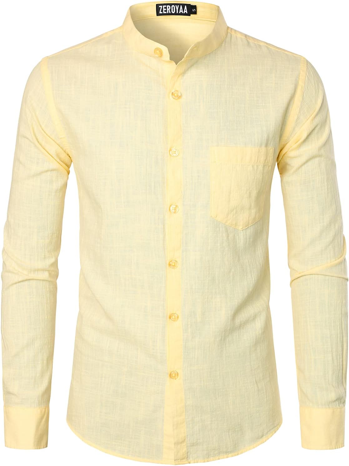 ZEROYAA Men's Fitted Cotton Linen Long Sleeve Banded Collar Button Up Shirts Lightweight Beach Tops with Pocket
