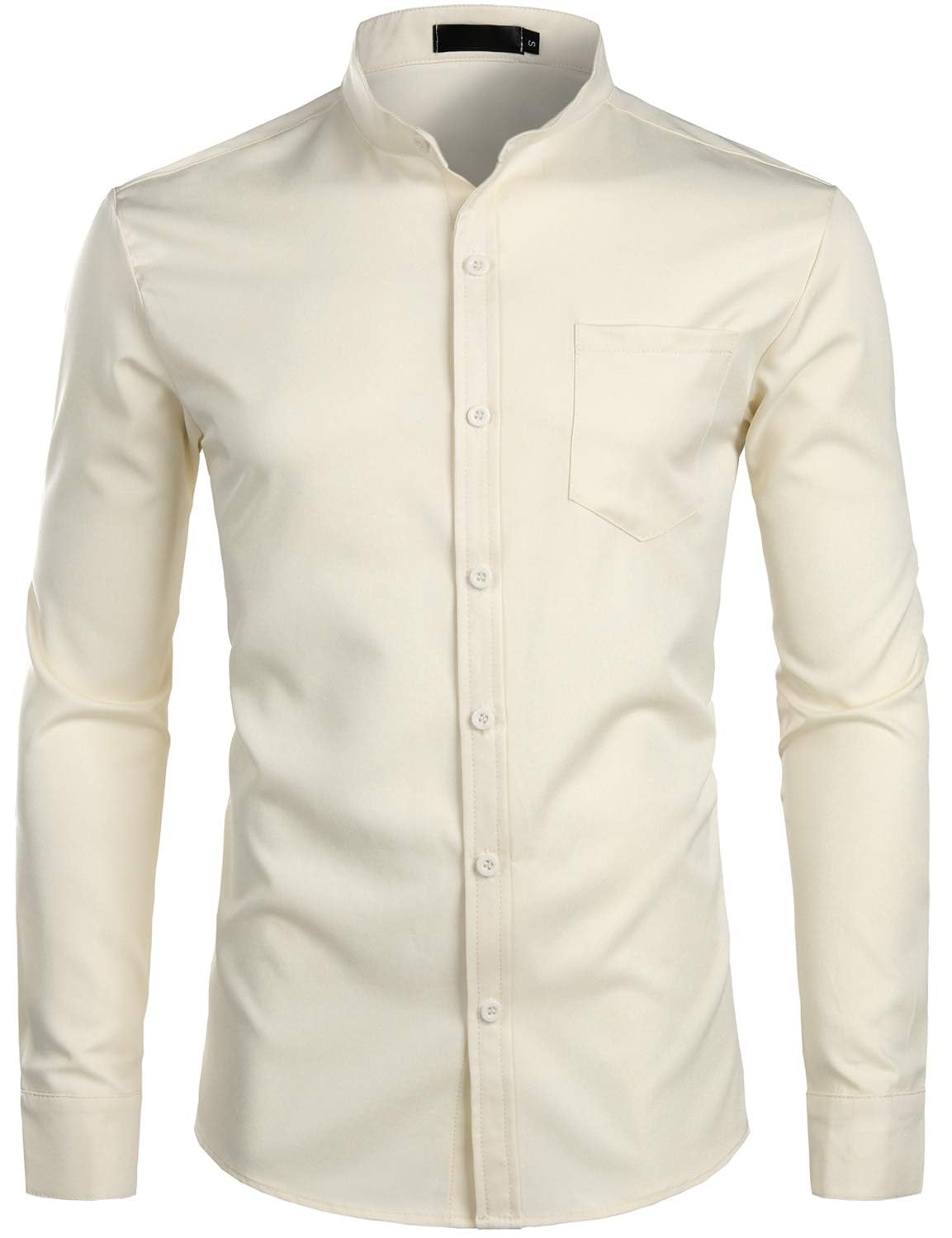 ZEROYAA Men's Banded Collar Slim Fit Long Sleeve Casual Button Down Dress Shirts with Pocket
