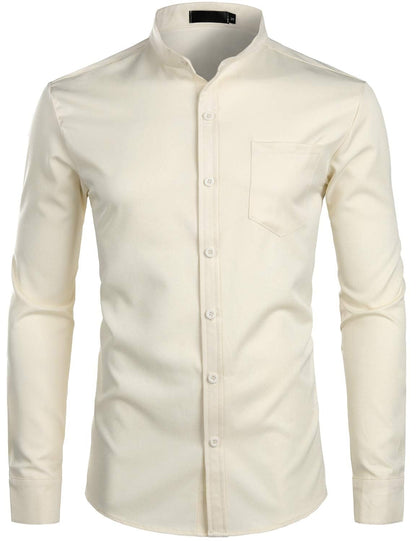 ZEROYAA Men's Banded Collar Slim Fit Long Sleeve Casual Button Down Dress Shirts with Pocket