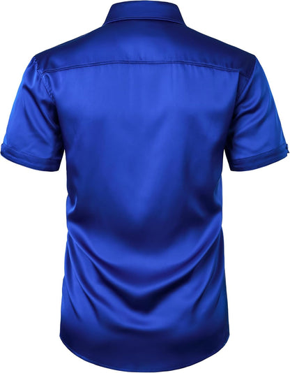 ZEROYAA Men's Hipster Shiny Silk Satin Shirt Regular Fit Short Sleeve Casual Button Down Dress Shirts for Summer Party