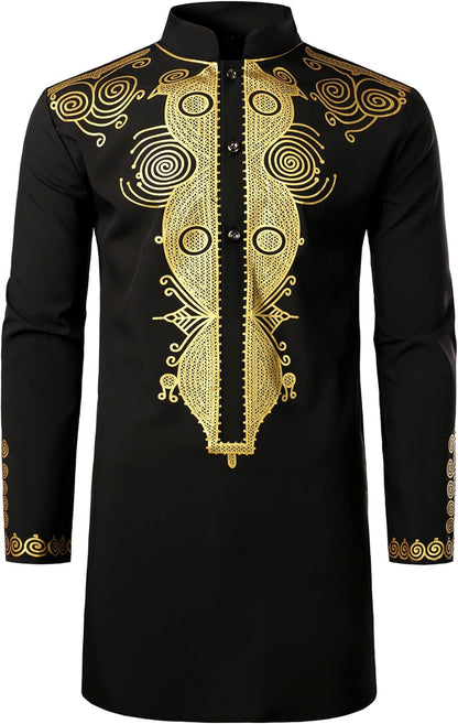 ZEROYAA Men's Traditional African Long Sleeve Dashiki Shiny Pattern Printed Dazzling Shirt
