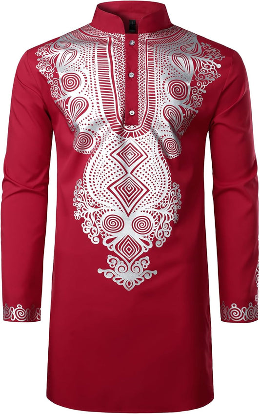 ZEROYAA Men's Traditional African Long Sleeve Dashiki Shiny Pattern Printed Dazzling Shirt