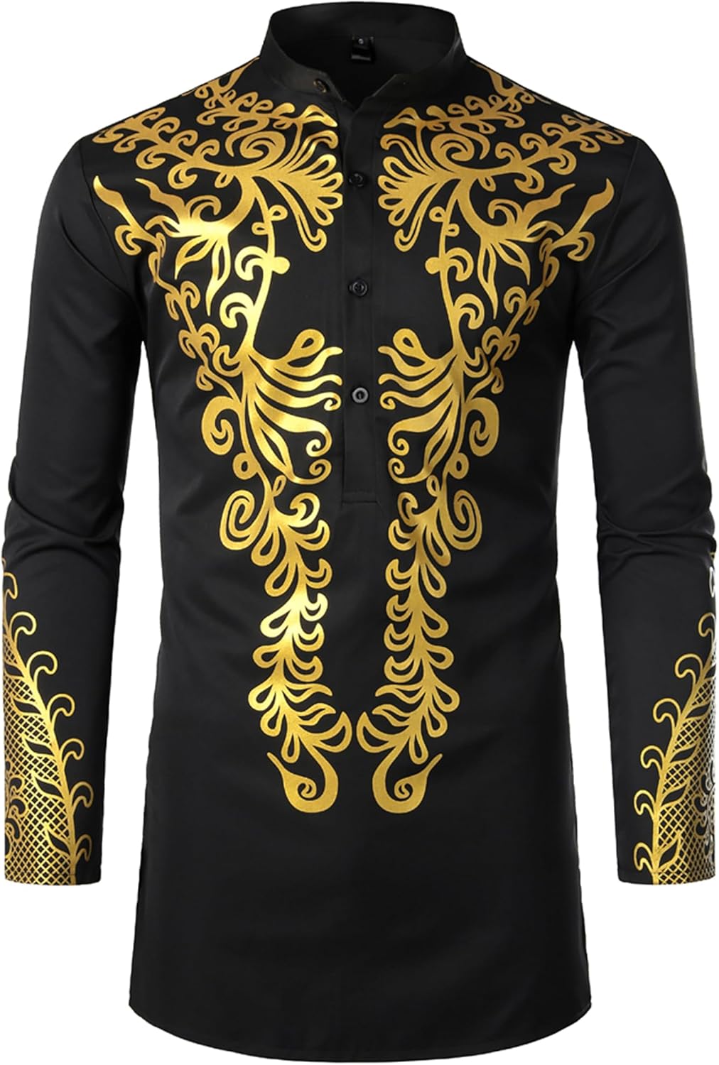 ZEROYAA Men's Traditional African Long Sleeve Dashiki Shiny Pattern Printed Dazzling Shirt
