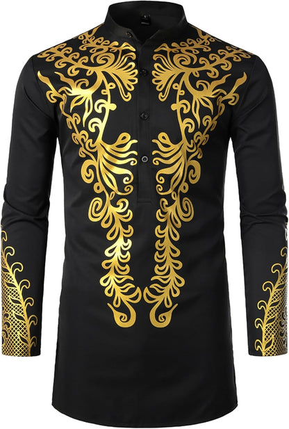 ZEROYAA Men's Traditional African Long Sleeve Dashiki Shiny Pattern Printed Dazzling Shirt