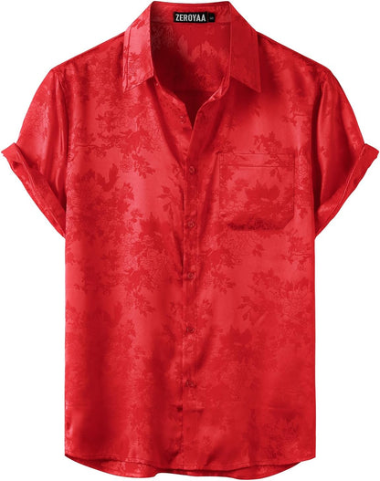 ZEROYAA Men's Shiny Luxury Silk Satin Floral Jacquard Short Sleeve Regular Fit Button Down Shirt for Party Prom