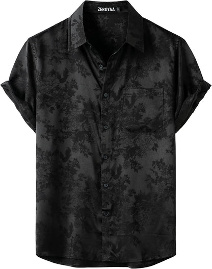 ZEROYAA Men's Shiny Luxury Silk Satin Floral Jacquard Short Sleeve Regular Fit Button Down Shirt for Party Prom