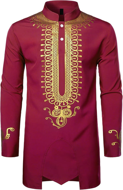 ZEROYAA Men's Traditional African Long Sleeve Dashiki Shiny Pattern Printed Dazzling Shirt