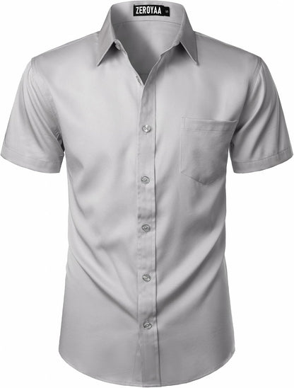 ZEROYAA Men's Casual Urban Stylish Slim Fit Short Sleeve Button Up Dress Shirt with Pocket