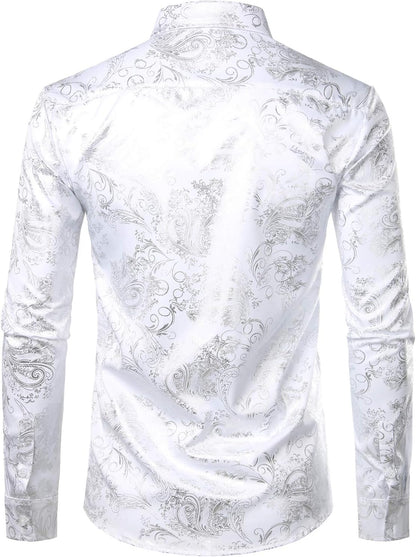 ZEROYAA Men's Luxury Paisley Dress Shirt Shiny Floral Printed Button Down Shirts for Party Prom