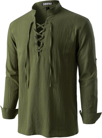 ZEROYAA Men's Medieval Vintage Long Sleeve Lace Up Shirt Renaissance Costume for Halloween Viking Pirate Cosplay