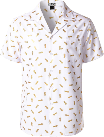 ZEROYAA Men Stylish Print Cuban Shirt Short Sleeve Button Down Relaxed Fit Shirts Beach Hawaiian Vacation Tops