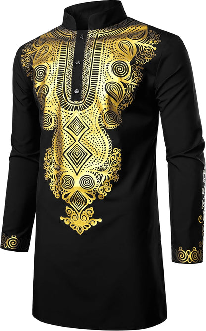 ZEROYAA Men's Traditional African Long Sleeve Dashiki Shiny Pattern Printed Dazzling Shirt