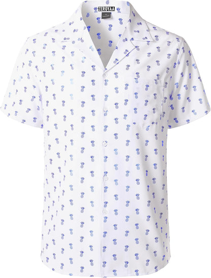ZEROYAA Men Stylish Print Cuban Shirt Short Sleeve Button Down Relaxed Fit Shirts Beach Hawaiian Vacation Tops