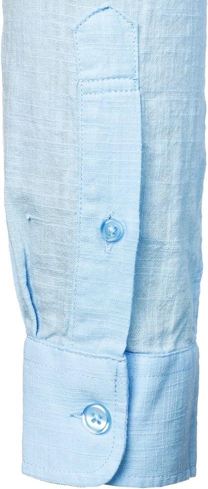 ZEROYAA Men's Fitted Cotton Linen Long Sleeve Banded Collar Button Up Shirts Lightweight Beach Tops with Pocket