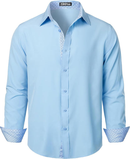 ZEROYAA Men's Regular Fit Dress Shirt Stretch Wrinkle-Free Long Sleeve Casual Business Button Up Shirts