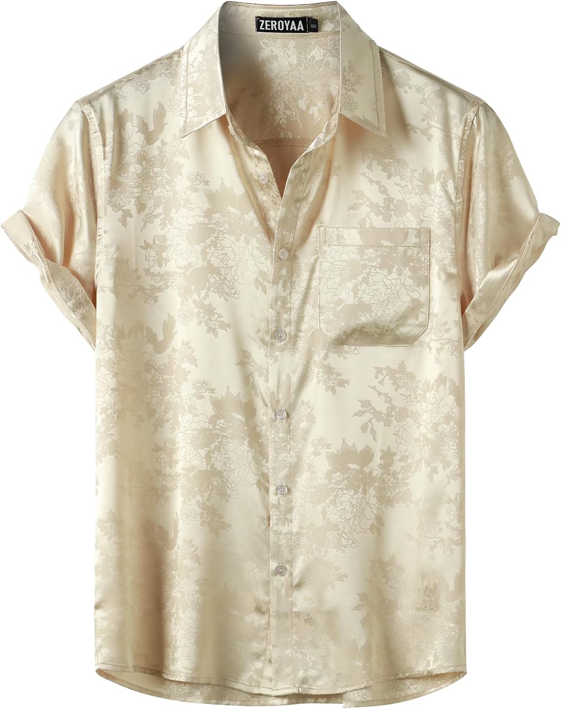 ZEROYAA Men's Shiny Luxury Silk Satin Floral Jacquard Short Sleeve Regular Fit Button Down Shirt for Party Prom