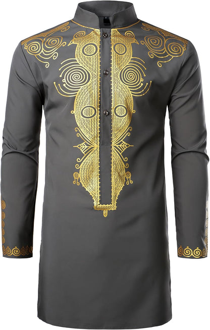 ZEROYAA Men's Traditional African Long Sleeve Dashiki Shiny Pattern Printed Dazzling Shirt