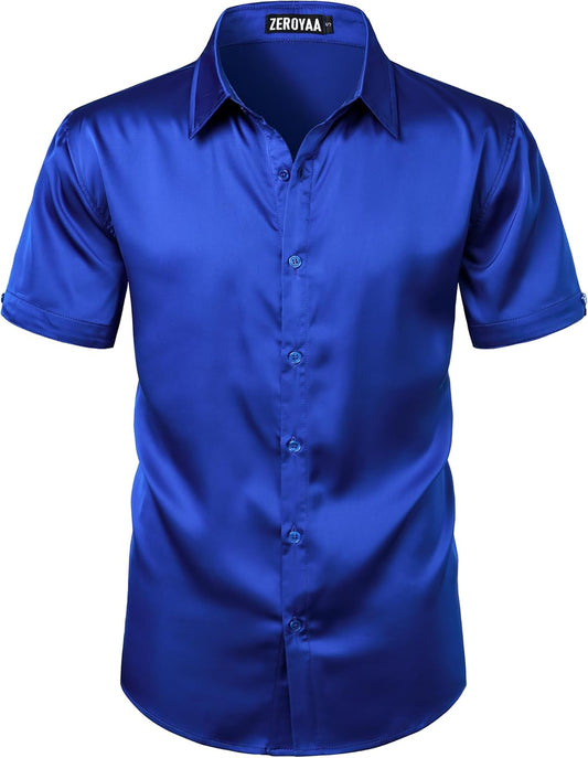 ZEROYAA Men's Hipster Shiny Silk Satin Shirt Regular Fit Short Sleeve Casual Button Down Dress Shirts for Summer Party