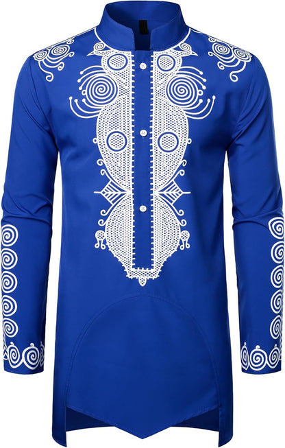 ZEROYAA Men's Traditional African Long Sleeve Dashiki Shiny Pattern Printed Dazzling Shirt