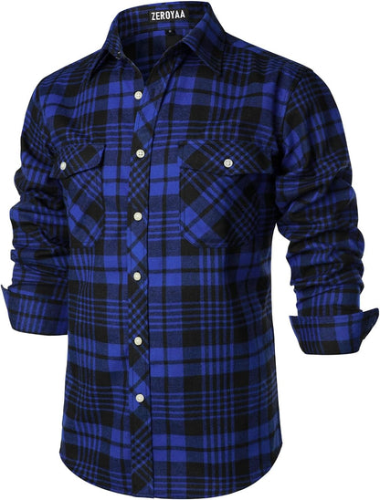 ZEROYAA Men's Casual Regular Fit Button Up Flannel Checked Plaid Shirts with Pockets