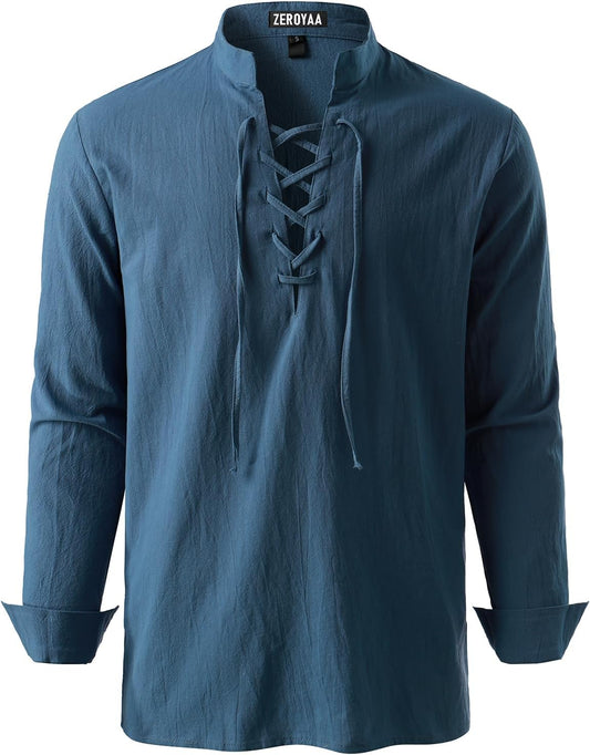 ZEROYAA Men's Medieval Vintage Long Sleeve Lace Up Shirt Renaissance Costume for Halloween Viking Pirate Cosplay