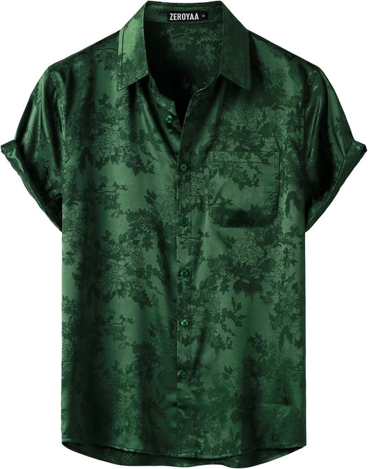 ZEROYAA Men's Shiny Luxury Silk Satin Floral Jacquard Short Sleeve Regular Fit Button Down Shirt for Party Prom