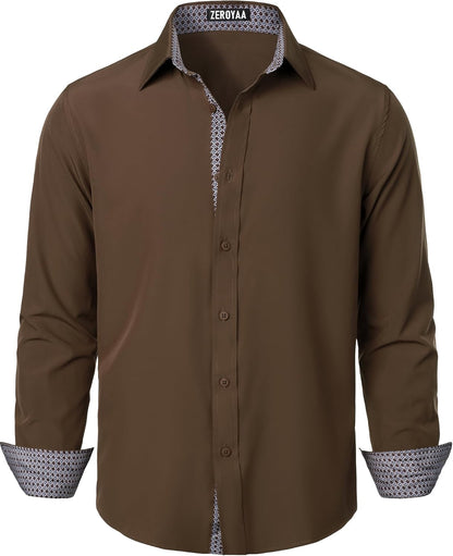 ZEROYAA Men's Regular Fit Dress Shirt Stretch Wrinkle-Free Long Sleeve Casual Business Button Up Shirts