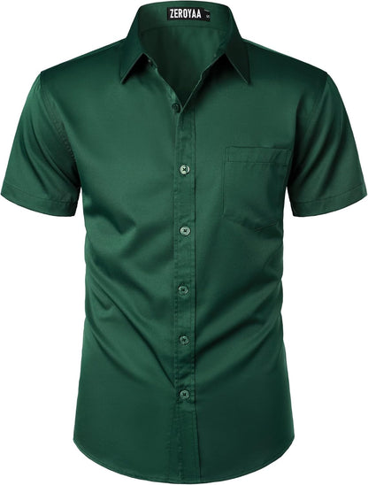 ZEROYAA Men's Casual Urban Stylish Slim Fit Short Sleeve Button Up Dress Shirt with Pocket