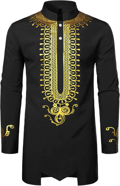 ZEROYAA Men's Traditional African Long Sleeve Dashiki Shiny Pattern Printed Dazzling Shirt