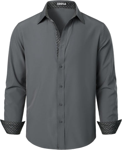 ZEROYAA Men's Regular Fit Dress Shirt Stretch Wrinkle-Free Long Sleeve Casual Business Button Up Shirts