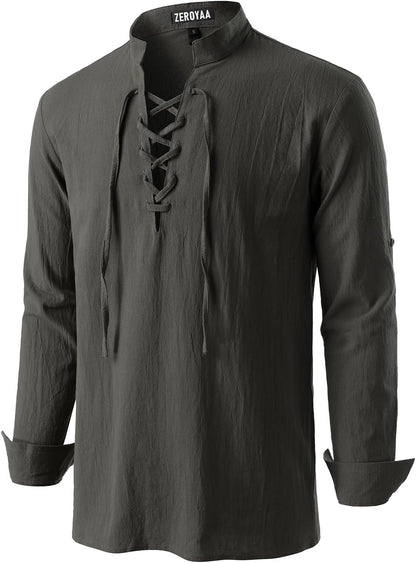 ZEROYAA Men's Medieval Vintage Long Sleeve Lace Up Shirt Renaissance Costume for Halloween Viking Pirate Cosplay