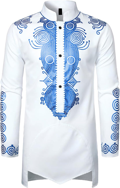 ZEROYAA Men's Traditional African Long Sleeve Dashiki Shiny Pattern Printed Dazzling Shirt