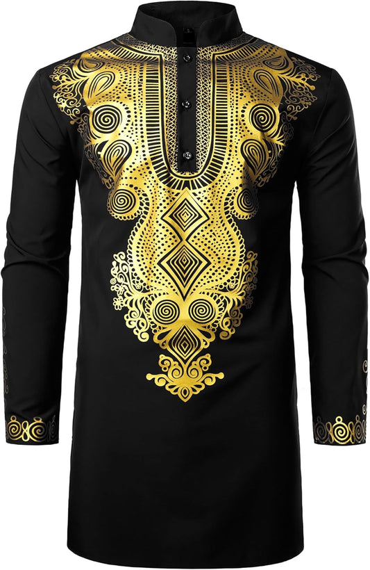 ZEROYAA Men's Traditional African Long Sleeve Dashiki Shiny Pattern Printed Dazzling Shirt